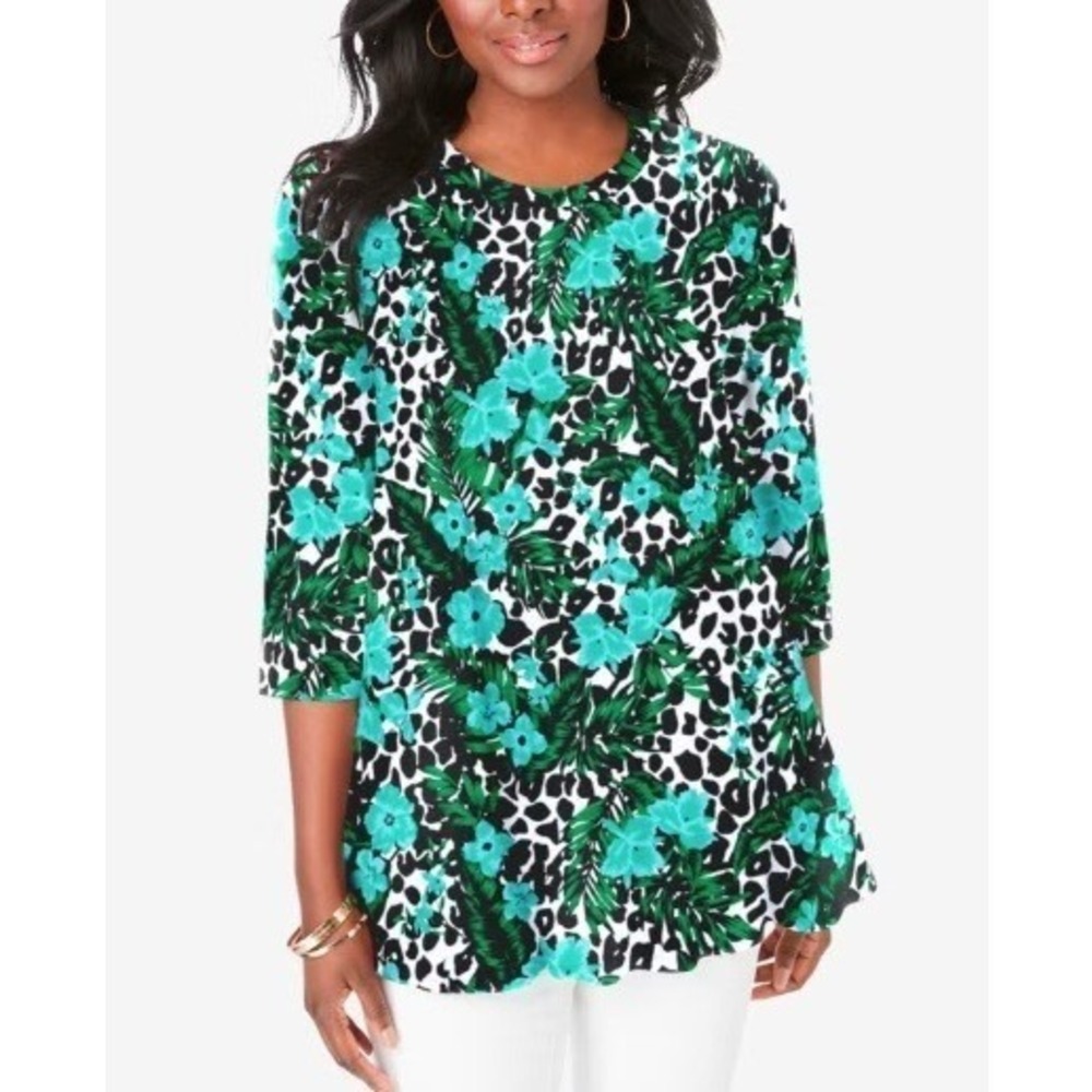 Jessica London‎ Women's Green Tropical Leopard Stretch Knit Tunic NWT Size 32